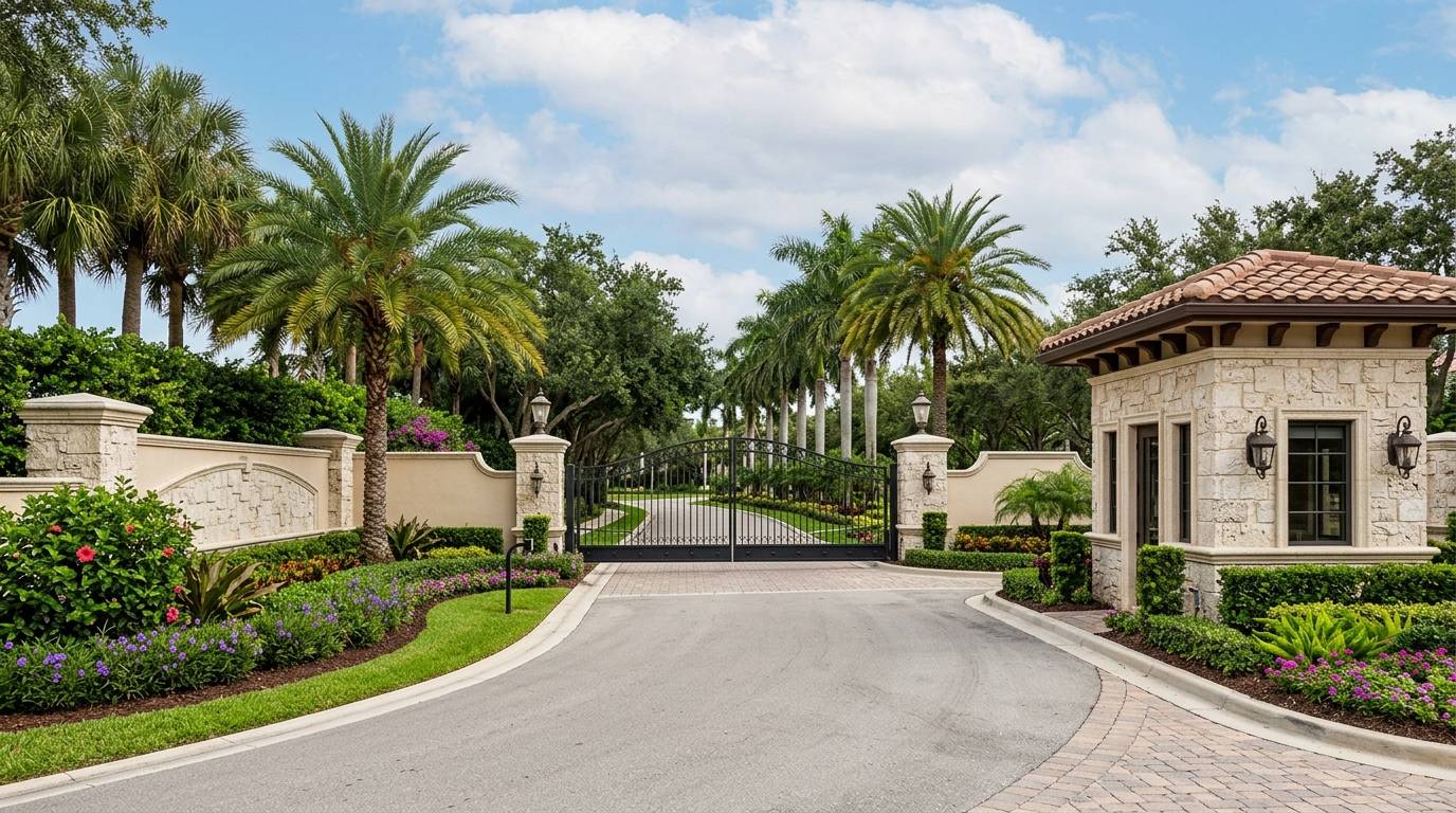 Coral Springs Florida gated community entrance with palm trees and guardhouse