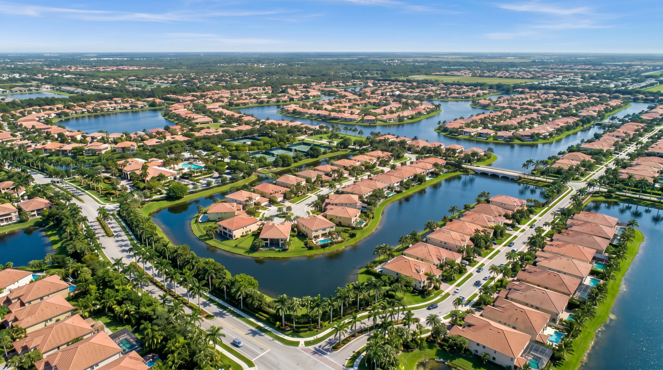 Best neighborhoods in Parkland FL for families - aerial view of Parkland residential community with lakes and green space