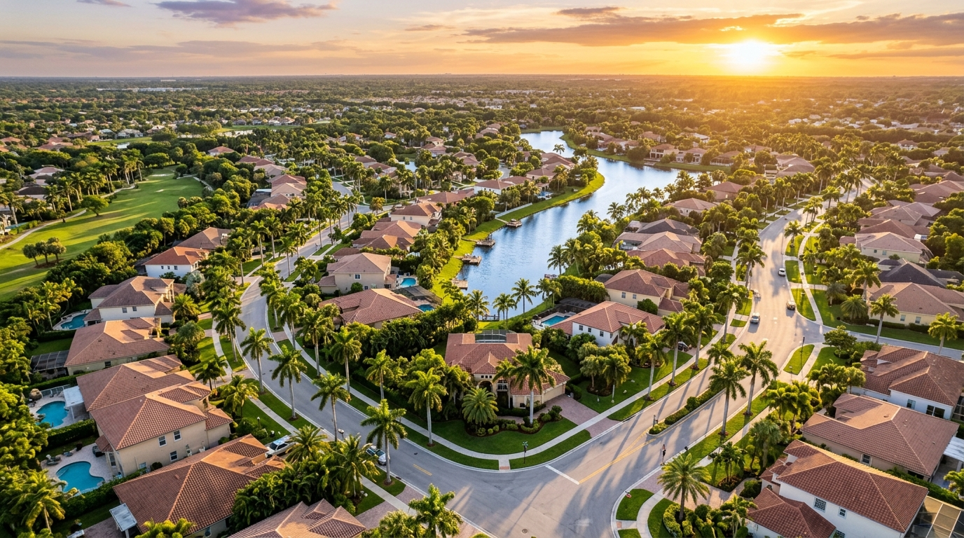 Real estate agents in Coral Springs - aerial view of Coral Springs Florida neighborhood at golden hour