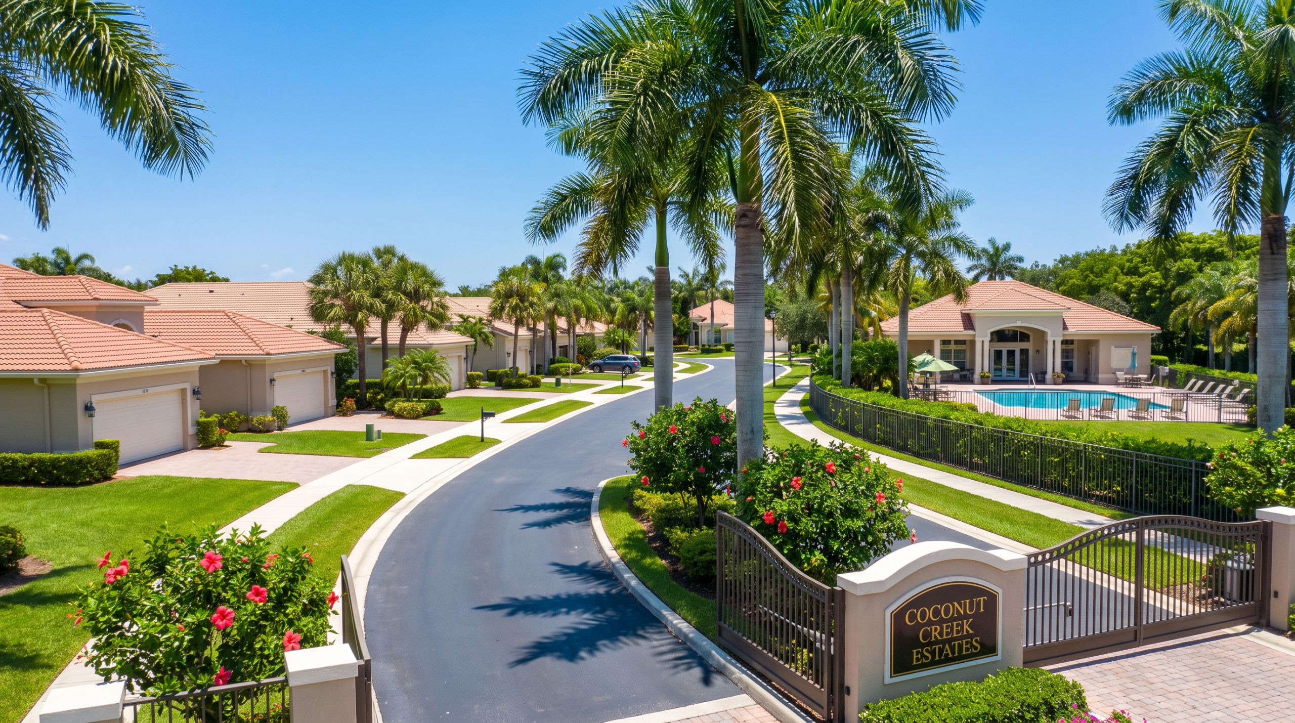 Best neighborhoods Coconut Creek FL — gated family community with pool and tropical landscaping
