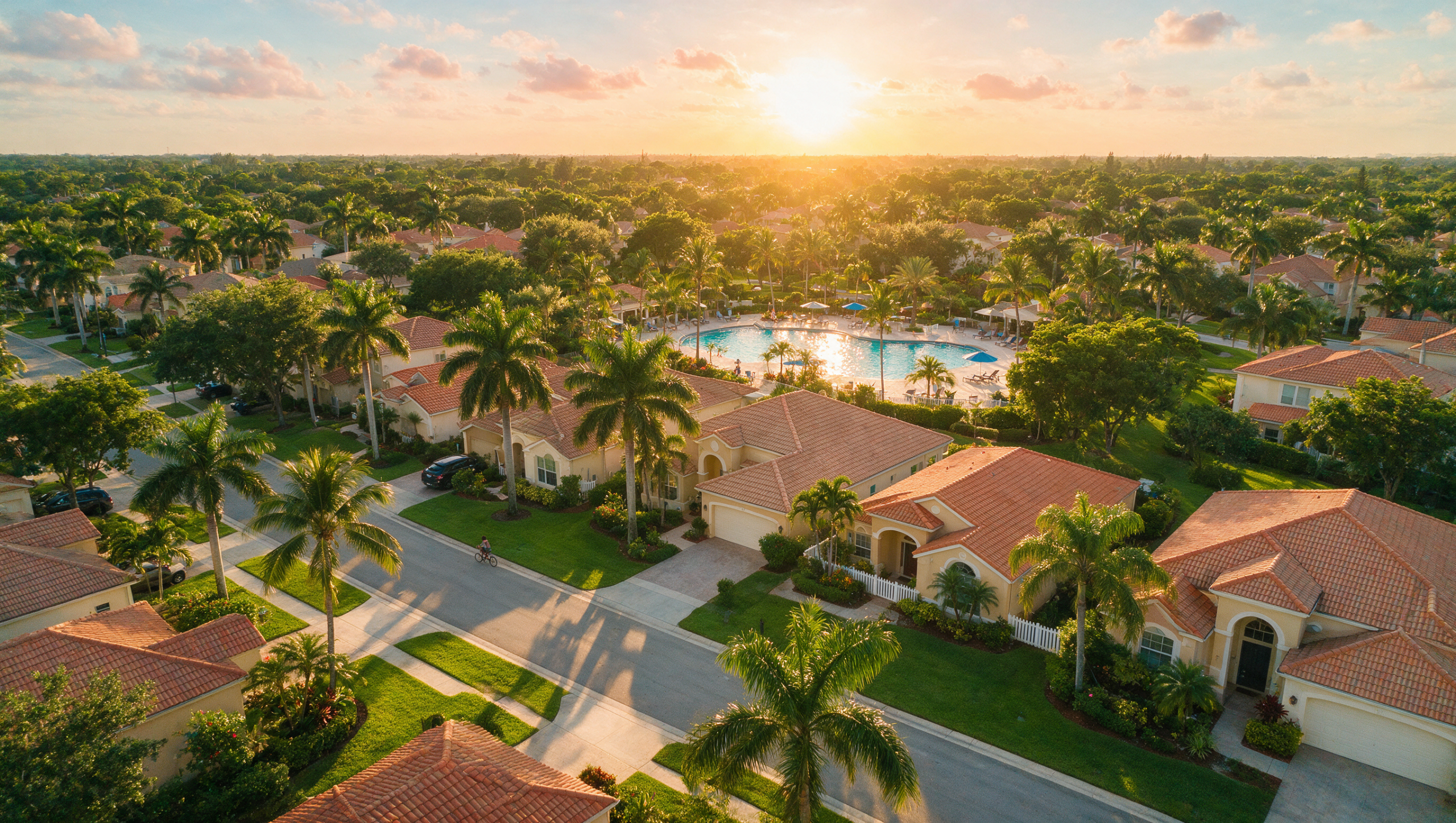 Aerial view of Coral Springs Florida neighborhoods at golden hour