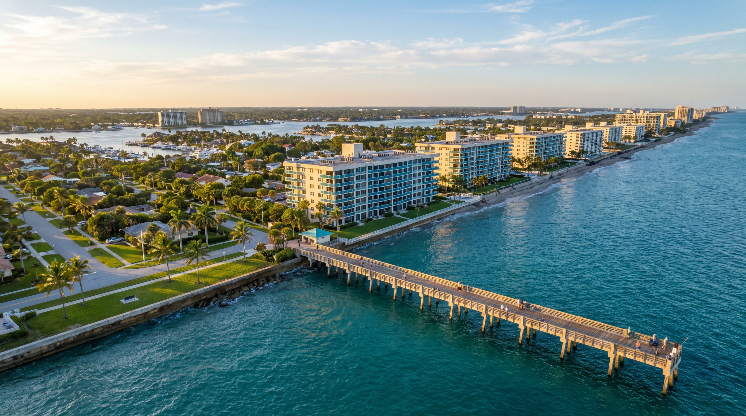 Deerfield Beach real estate market — aerial view of the fishing pier and beachfront condos at golden hour