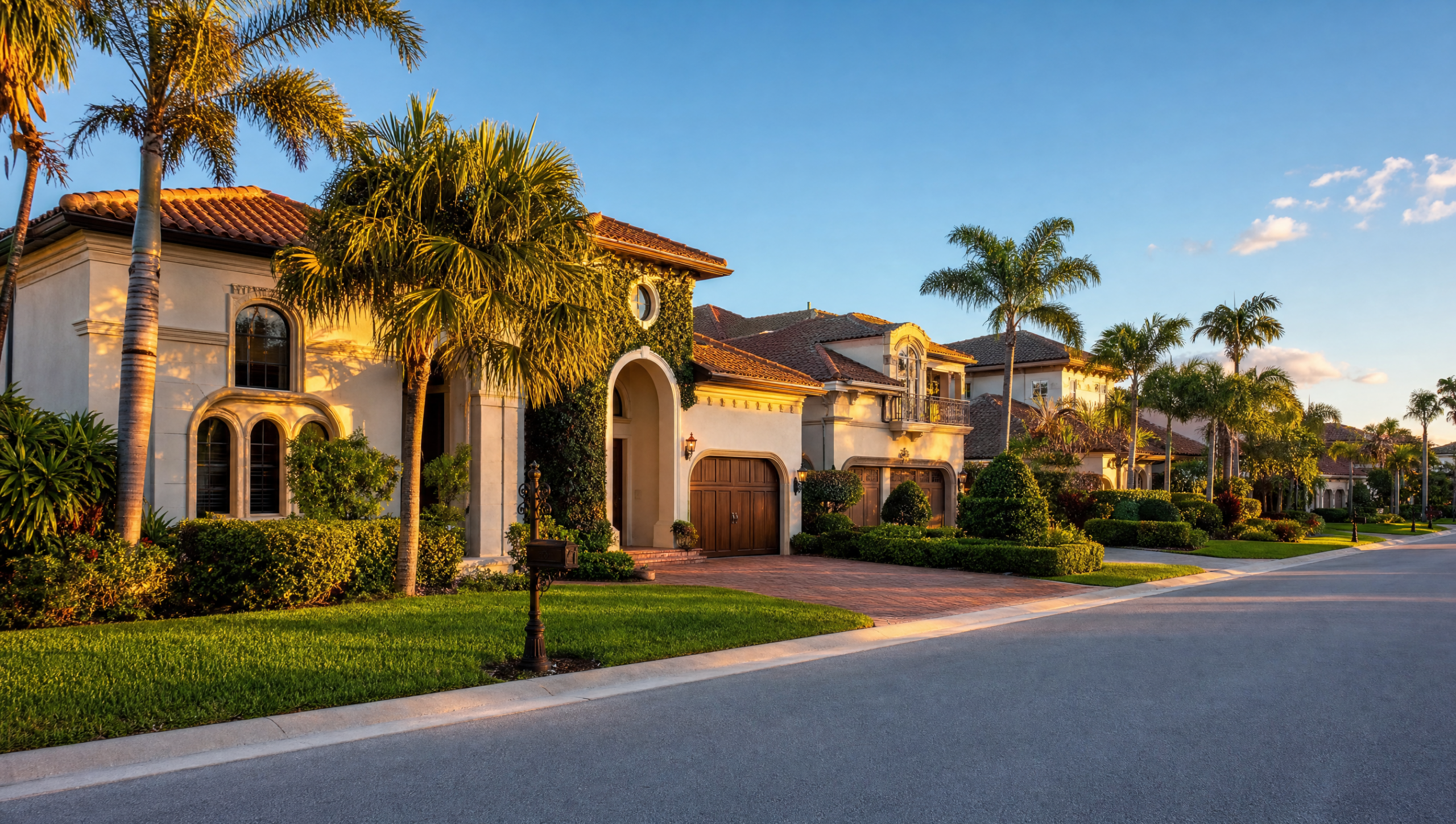 Boca Raton real estate — upscale neighborhood with Mediterranean-style homes and palm trees at golden hour