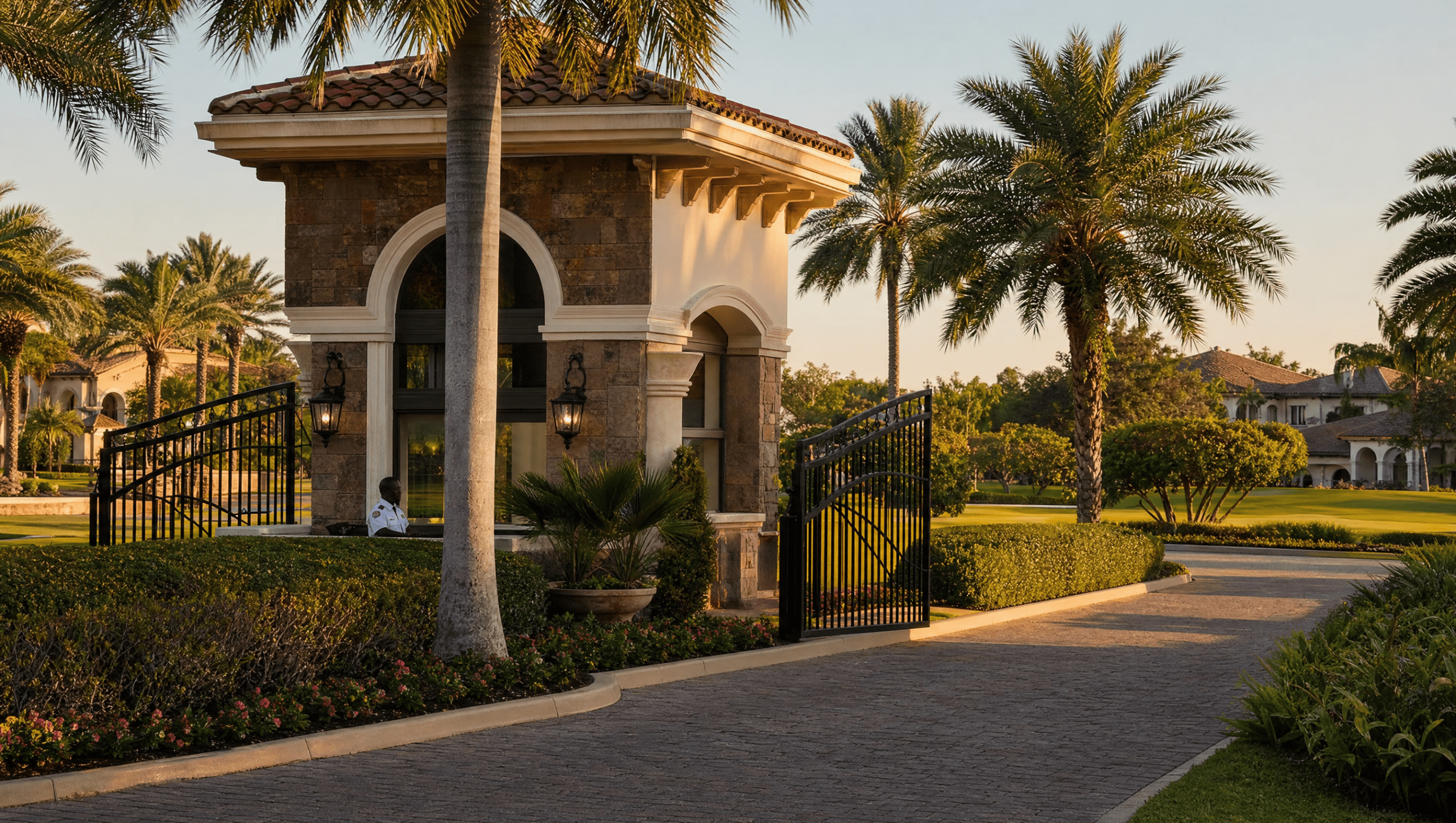 Parkland gated communities luxury entrance with Mediterranean estate homes