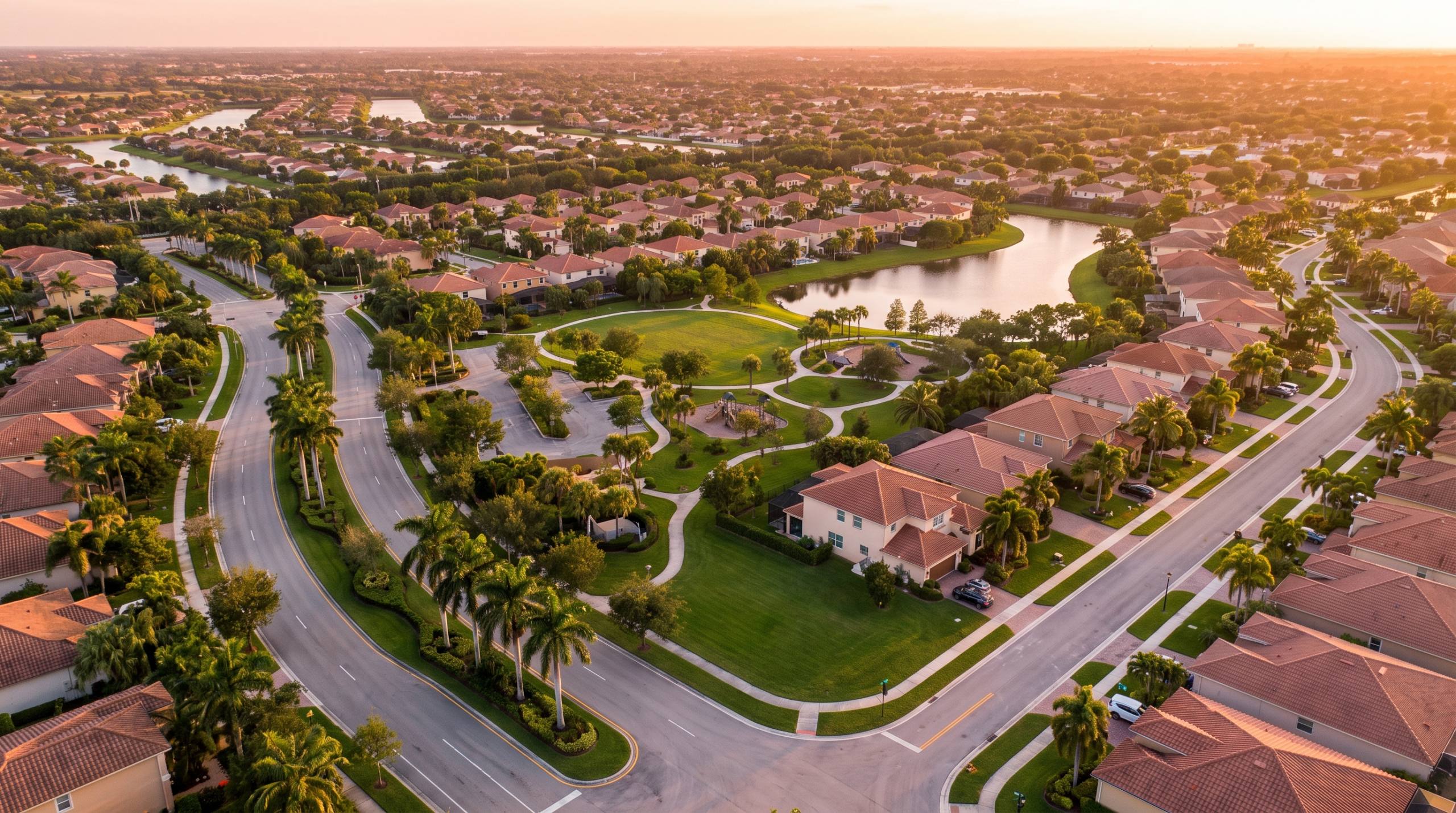 Coral Springs real estate market neighborhood aerial view at golden hour