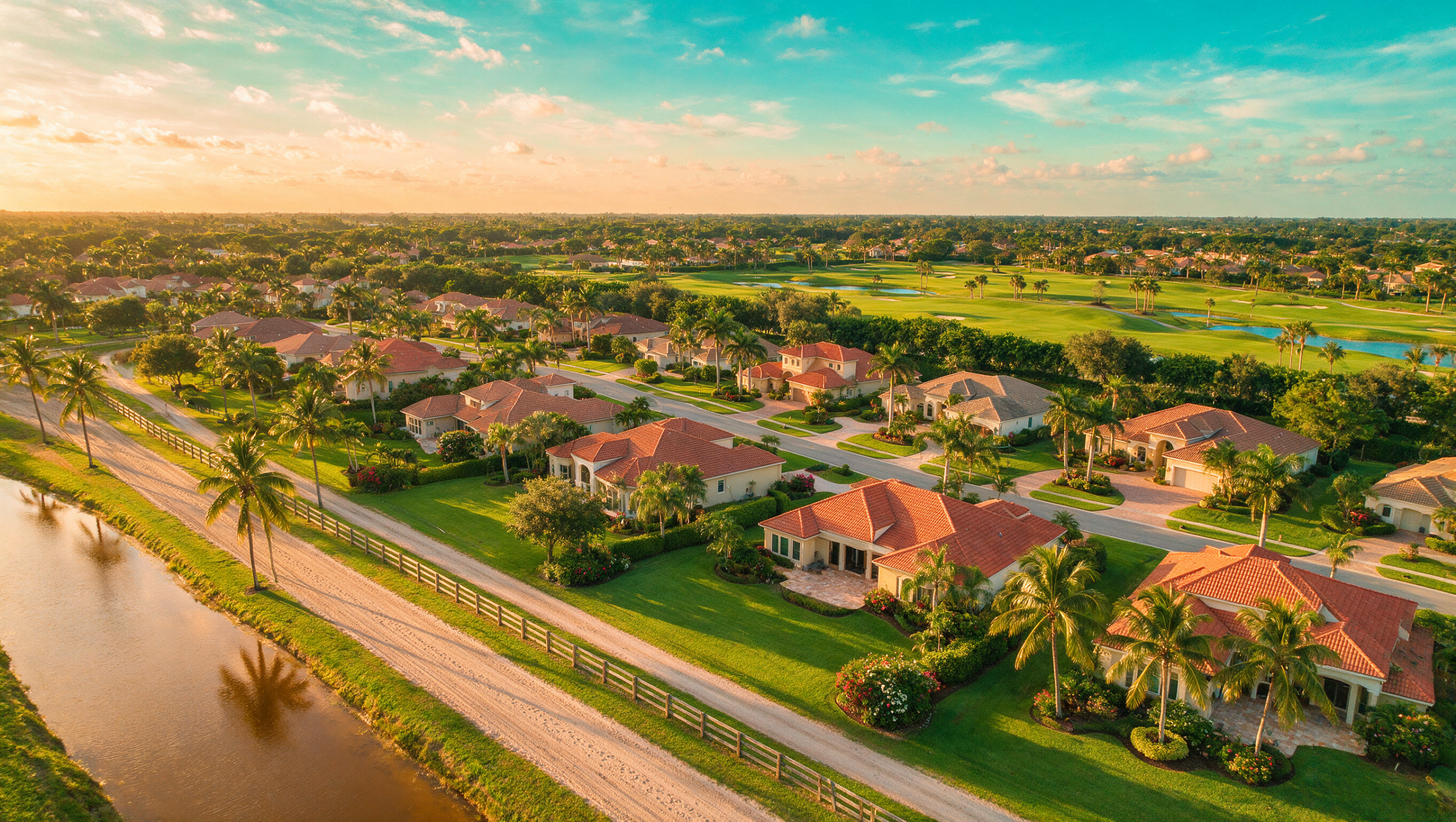 Aerial view of Parkland Florida luxury neighborhoods at golden hour