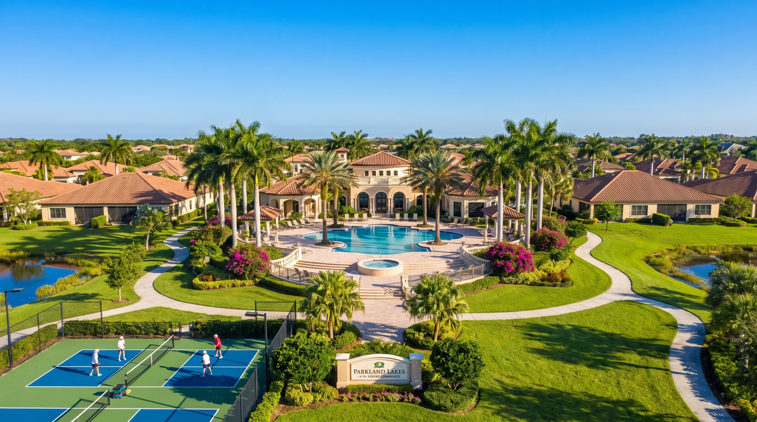 Parkland neighborhoods for retirees — luxury 55+ community with clubhouse and resort pool