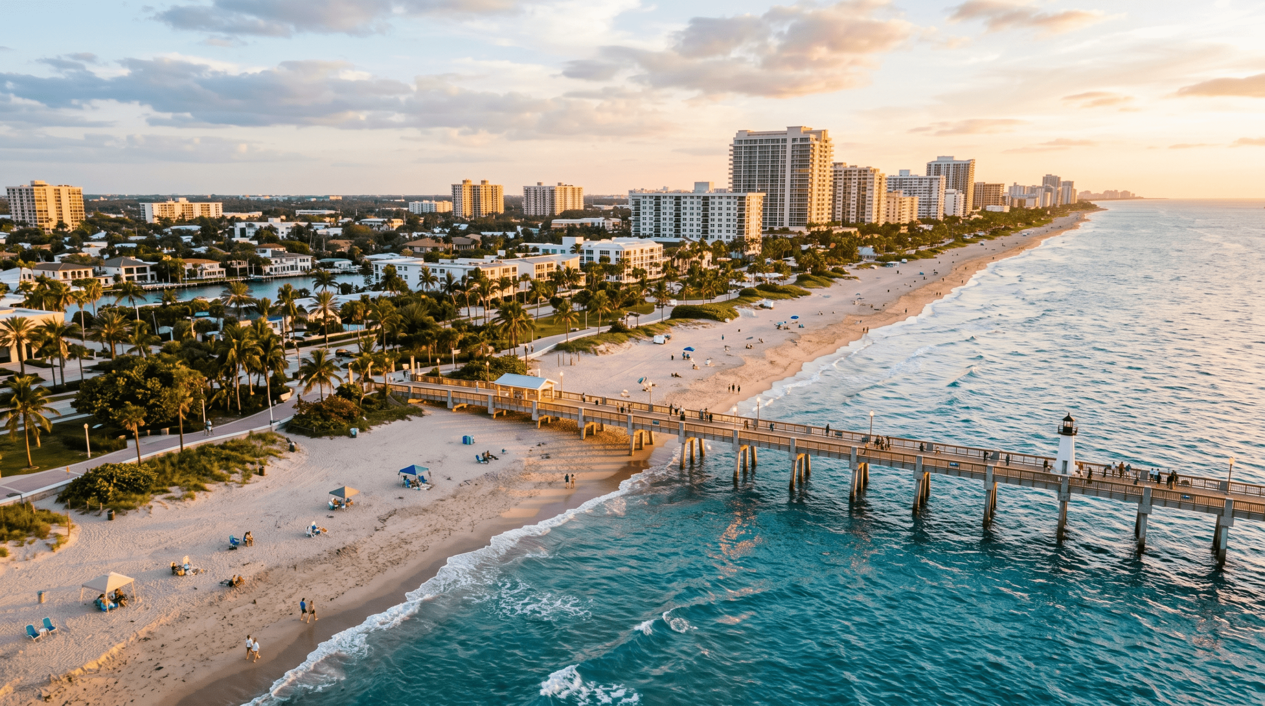 Pompano Beach cost of living - waterfront view at golden hour with pier and beach