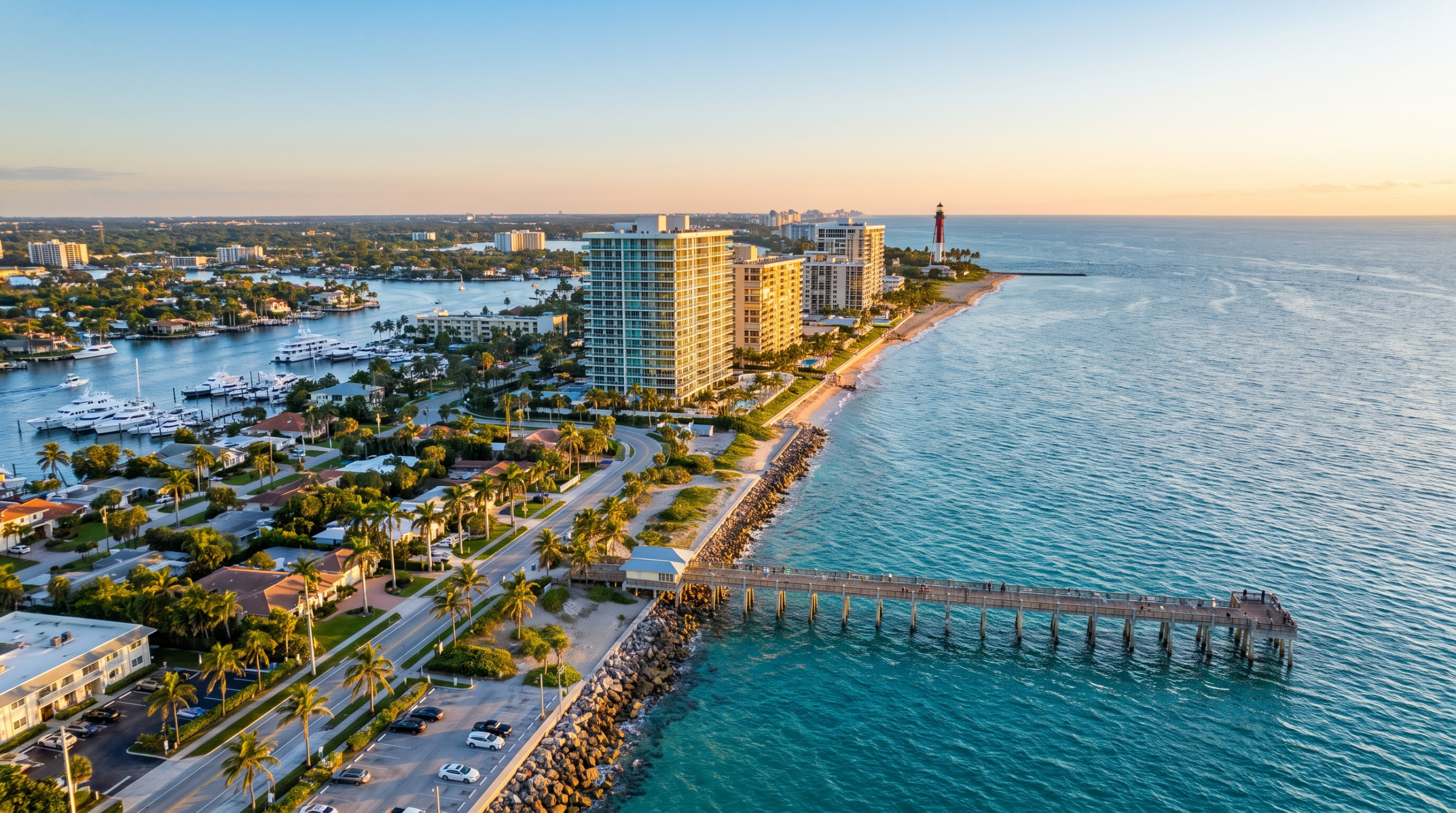 Pompano Beach real estate market — aerial view of the fishing pier and beachfront condos at golden hour