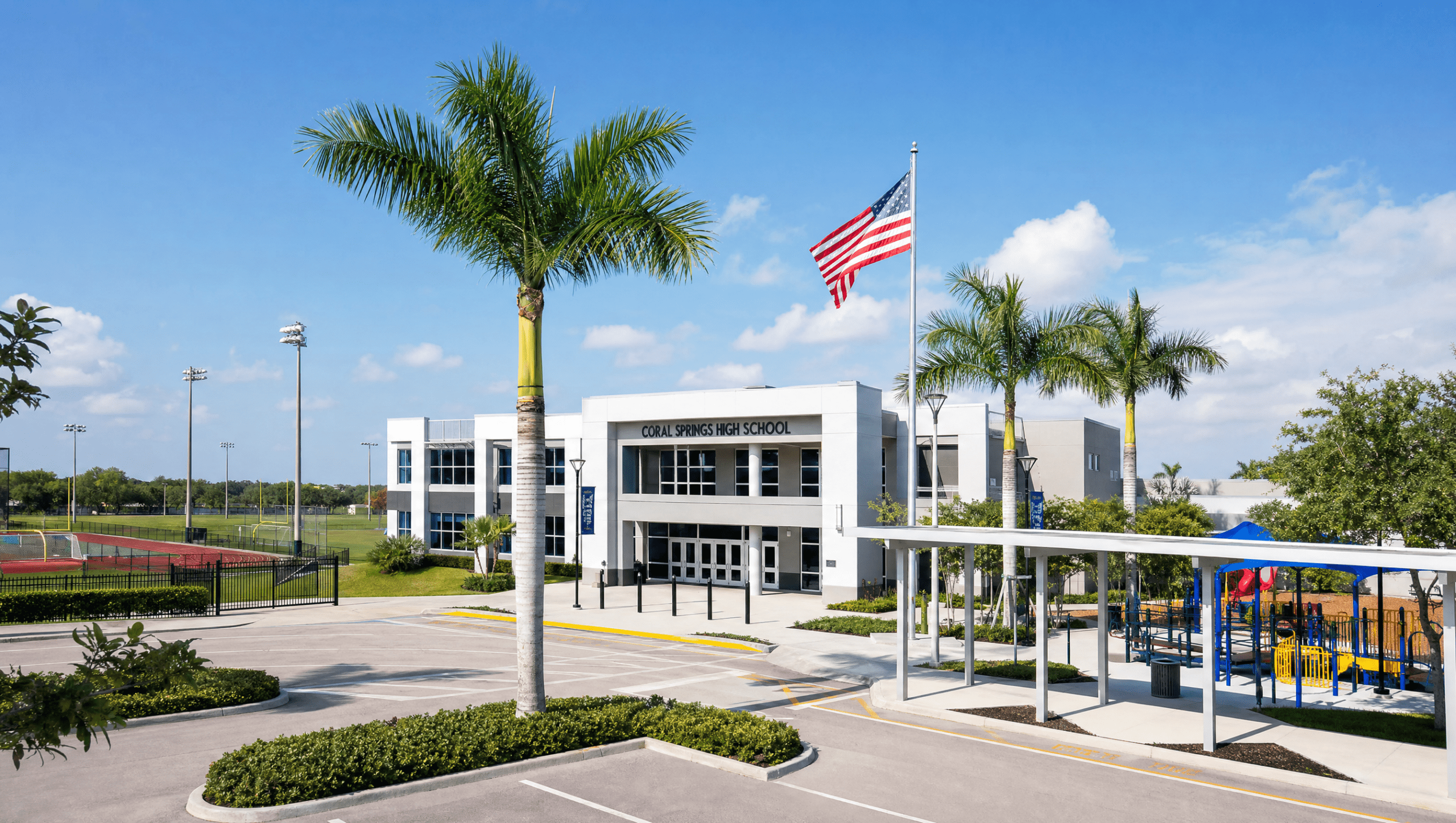 Coral Springs schools guide modern school campus with athletic fields and palm trees